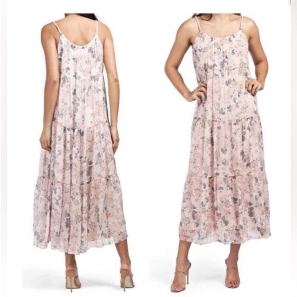 Elana Baldi Abstract Floral Silk Blend Beige Pink Floral Tiered Midi Maxi Dress